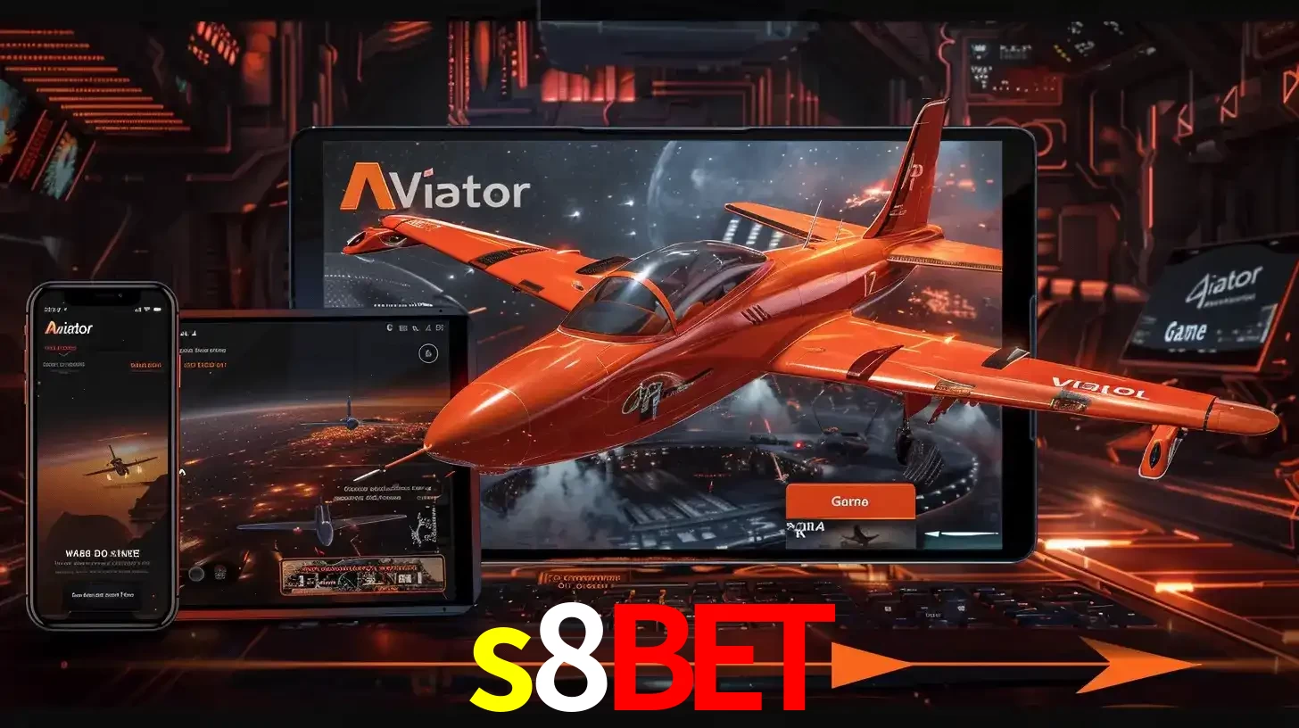 Apresentação tecnológica do jogo Aviator com um avião saindo da tela de um tablet, demonstrando a experiência imersiva em múltiplos dispositivos no s8bet.
