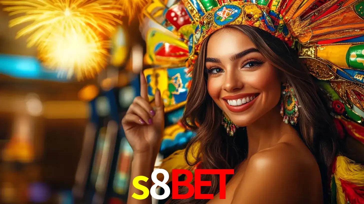 Mulher sorridente com um cocar de carnaval vibrante e colorido, celebrando uma grande vitória nos jogos do cassino s8bet com fogos de artifício ao fundo.