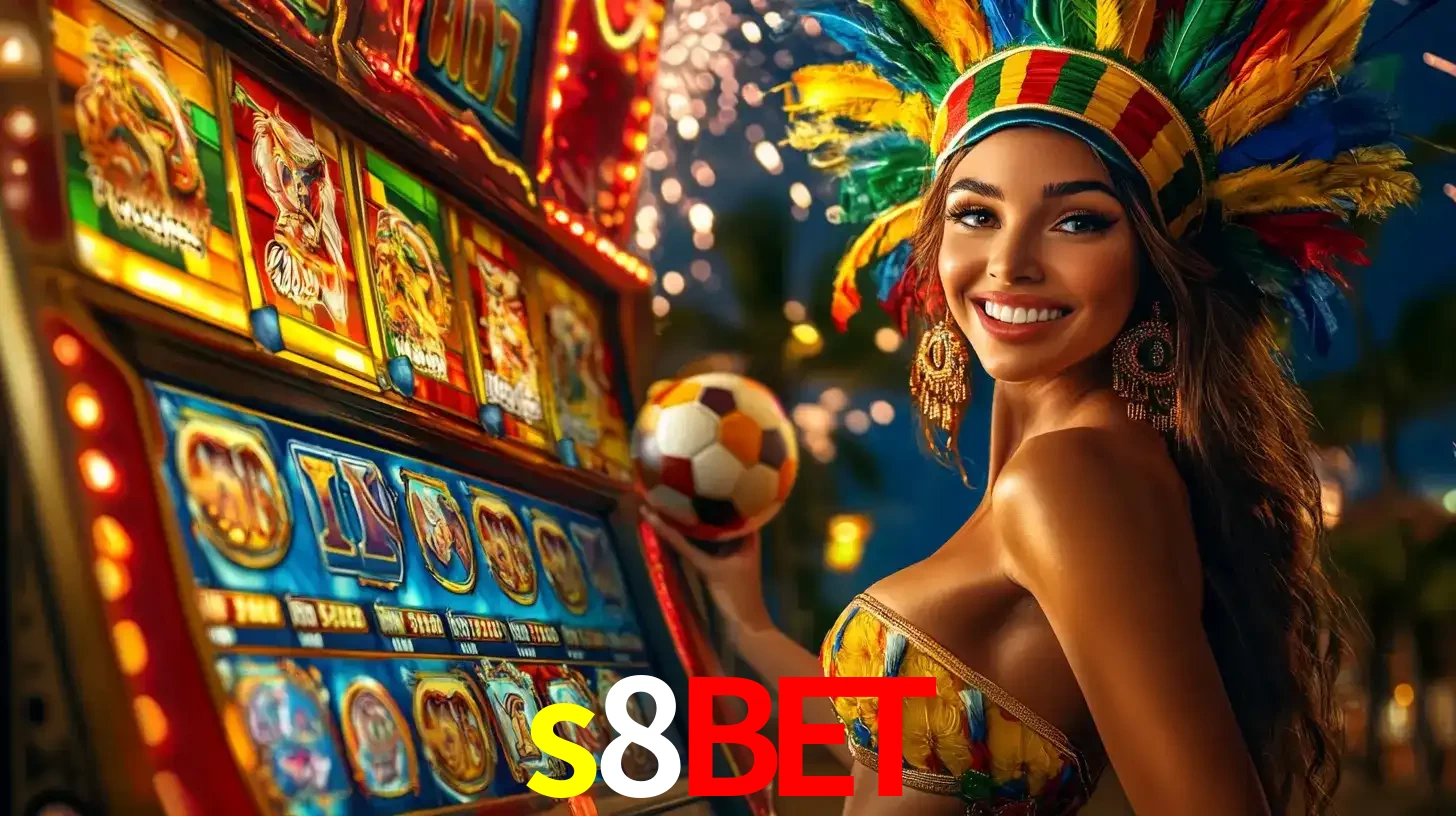 Mulher com um cocar de carnaval ao lado de uma máquina de caça-níqueis enquanto segura uma bola de futebol, mostrando a união da diversão de cassino e esportes no s8bet.