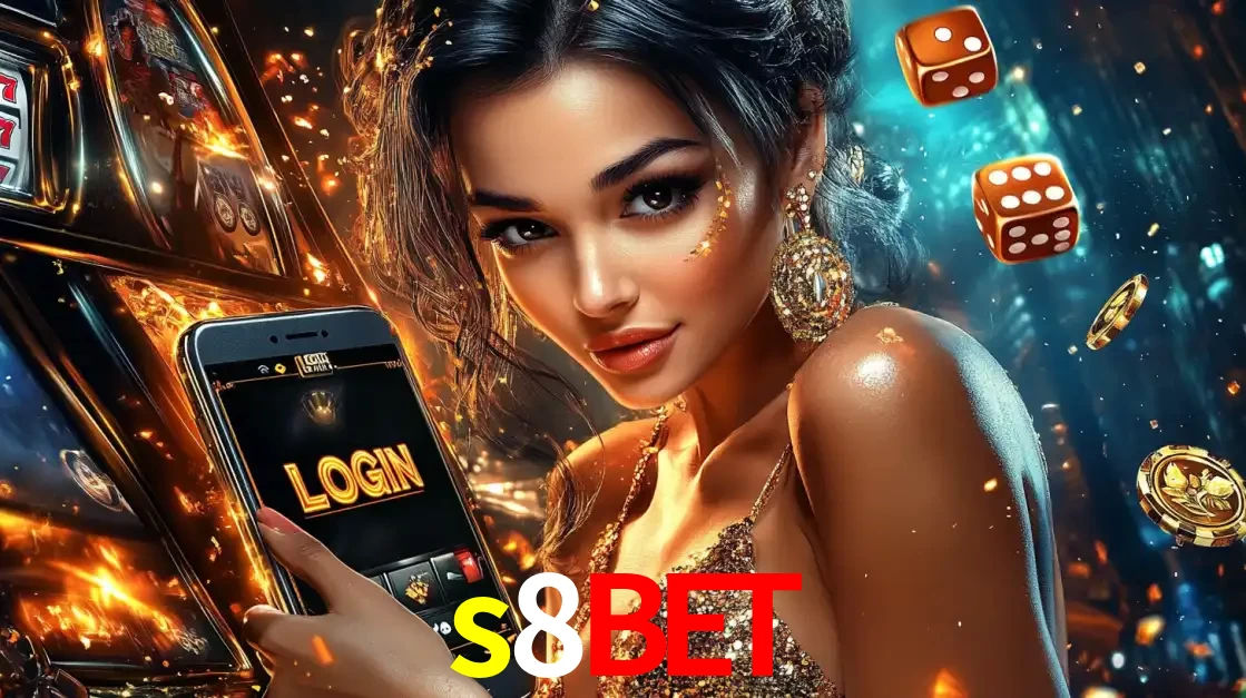 Mulher glamourosa segurando um celular com a tela de login do cassino s8bet, rodeada por dados e moedas douradas, pronta para começar a diversão.