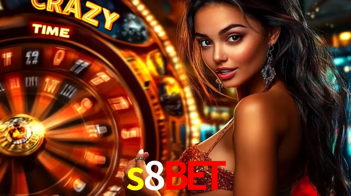 Mulher ao lado da roda de prêmios do jogo de cassino ao vivo Crazy Time, um dos shows de jogos mais emocionantes oferecidos pela plataforma de apostas s8bet.