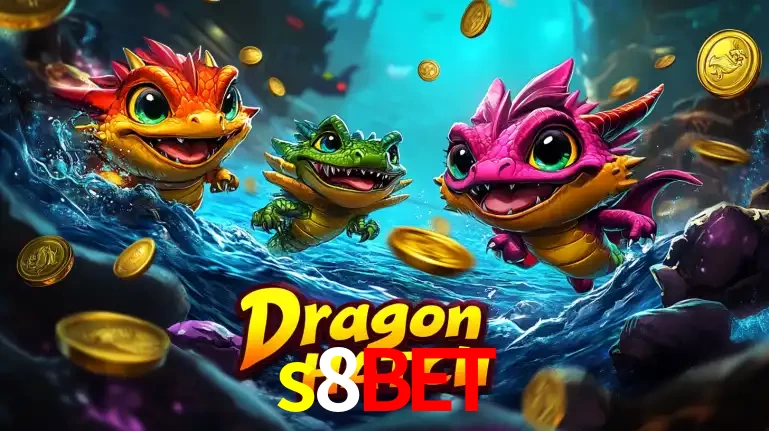 Arte promocional do jogo Dragon Hatch com três adoráveis dragões bebês nadando entre moedas de ouro, um dos slots mais divertidos para jogar no cassino s8bet.