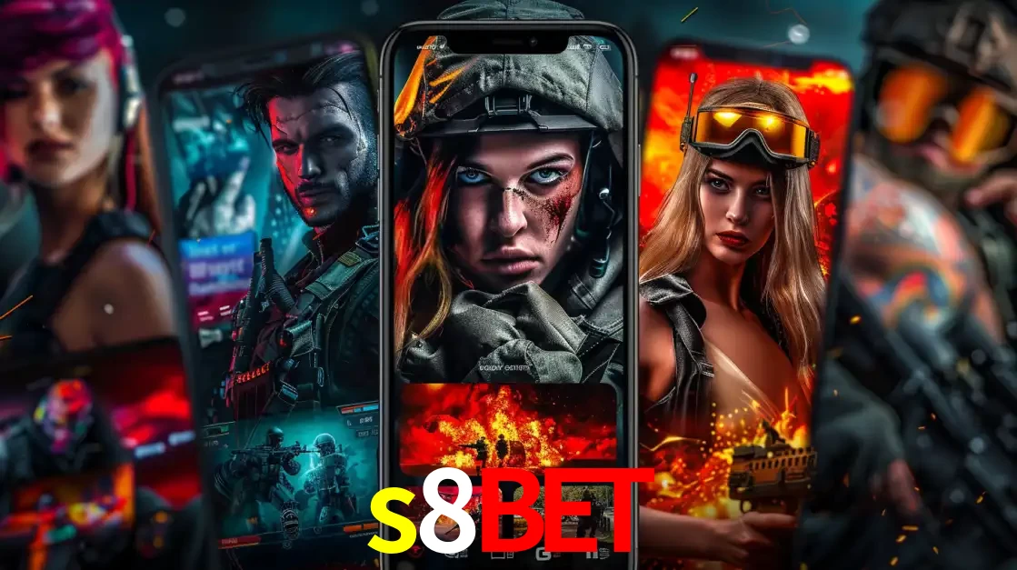 Montagem de telas de celular mostrando diversos personagens, masculinos e femininos, de um jogo de tiro, ilustrando a diversidade de equipes de e-sports para apostar no s8bet.