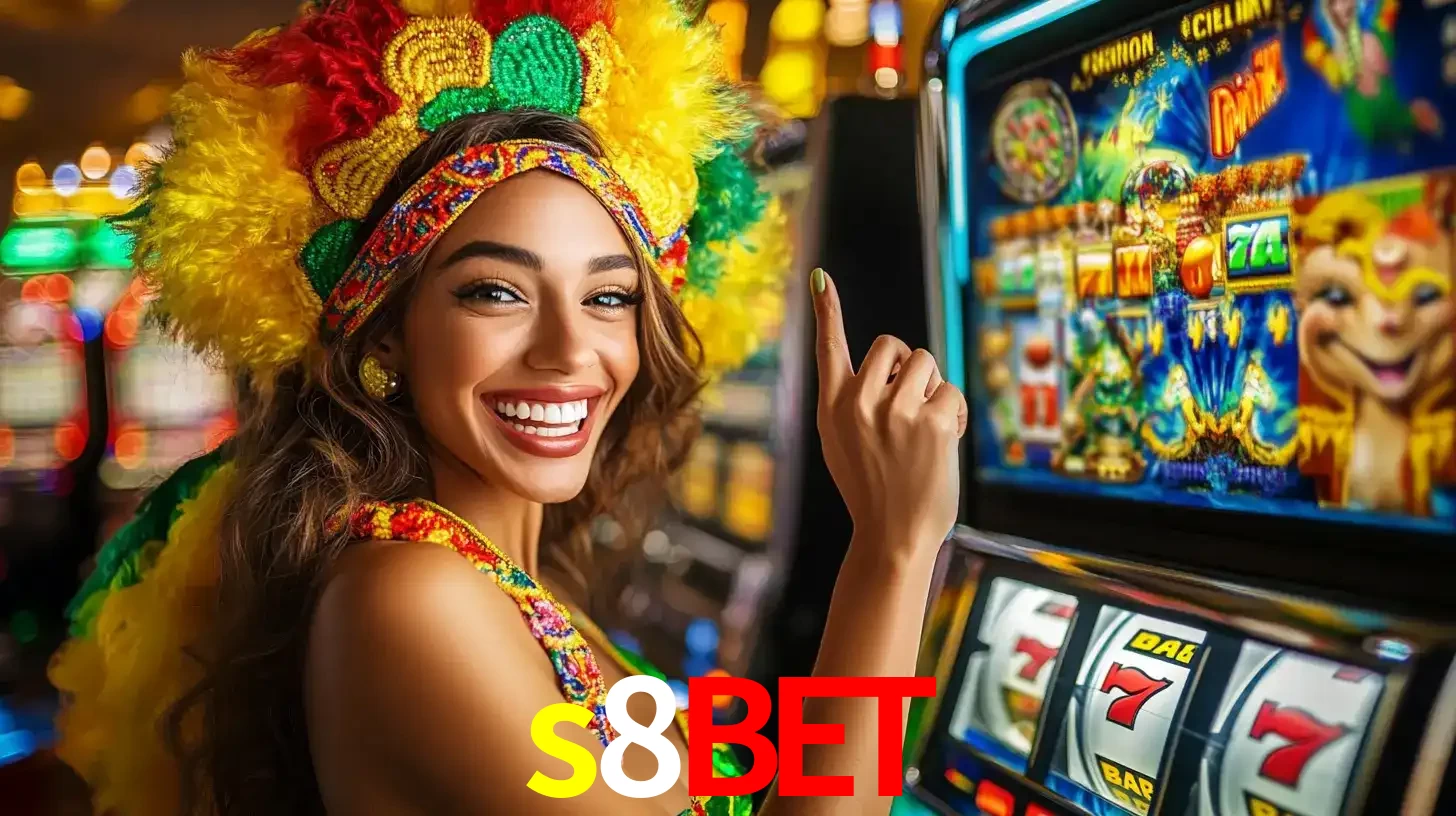 Mulher animada com um cocar de carnaval apontando para uma máquina de caça-níqueis, mostrando a emoção de ganhar um grande prêmio nos jogos do s8bet.