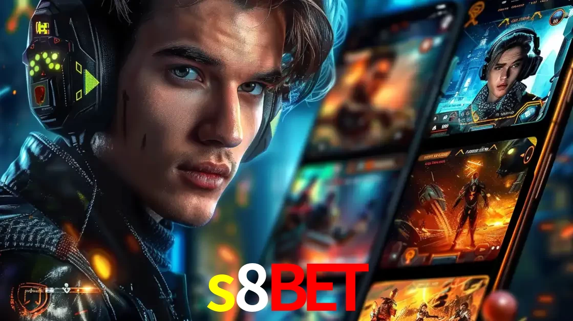 Jovem jogador com fones de ouvido olhando para a câmera, com um aplicativo de jogos e e-sports para celular ao fundo, pronto para a competição e apostas no s8bet.