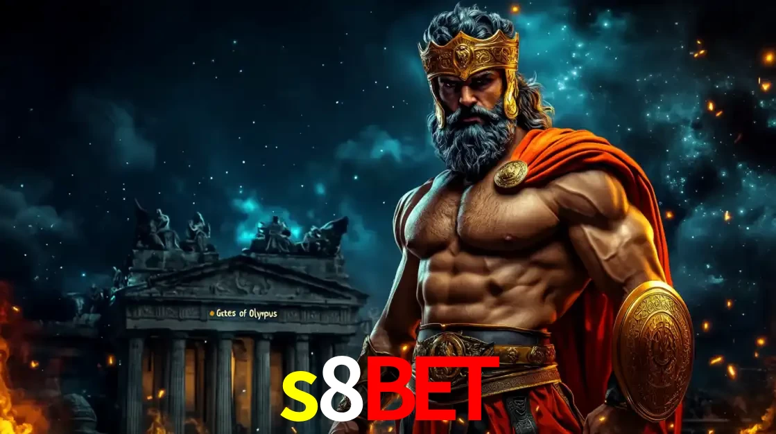 O poderoso Zeus do jogo de slot Gates of Olympus em frente ao seu templo, pronto para lançar multiplicadores divinos e prêmios épicos no cassino online s8bet.