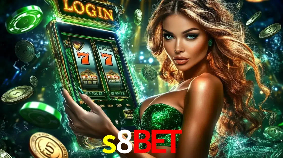 Mulher com tema verde apresentando o aplicativo do cassino s8bet com um jogo de slot de 777, cercada por fichas de cassino e uma aura de sorte.