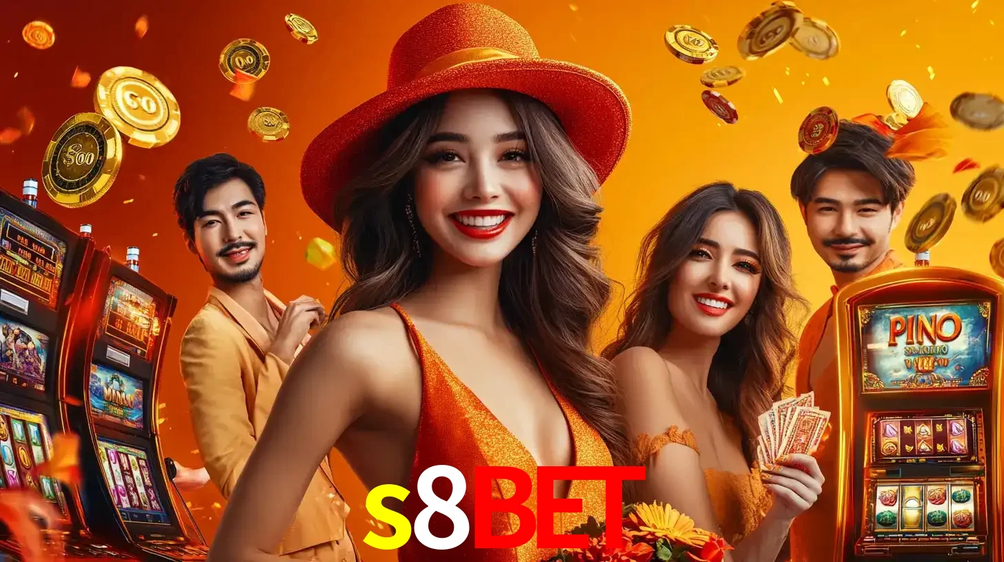 Grupo de amigos asiáticos sorrindo e se divertindo com máquinas de caça-níqueis em um ambiente festivo, celebrando suas vitórias nos jogos de cassino do s8bet.