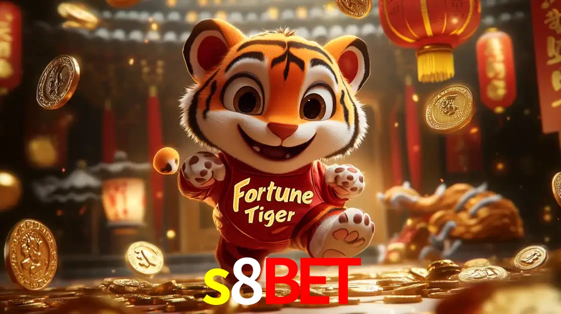 O alegre personagem do Fortune Tiger correndo sobre um caminho de moedas de ouro, simbolizando os grandes prêmios e a diversão do popular jogo de slot do s8bet.