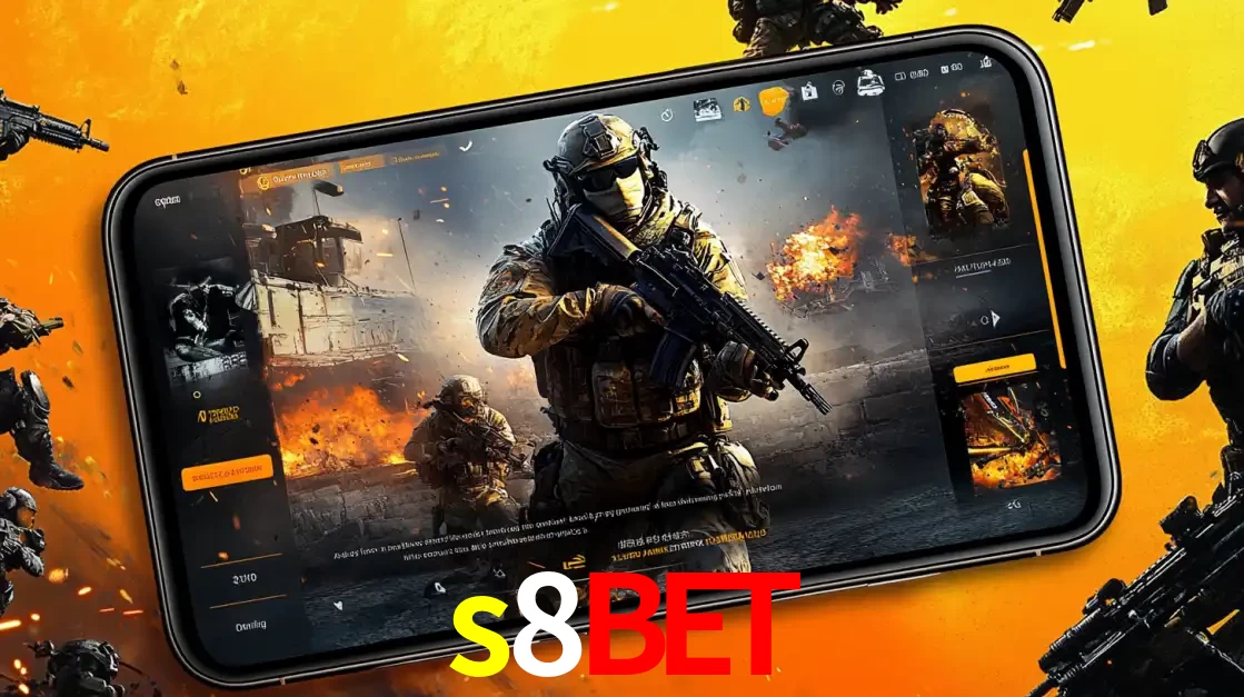 Um smartphone exibindo a interface de um jogo de tiro em primeira pessoa, com um soldado em um cenário de batalha, representando a ação dos e-sports para apostar no s8bet.