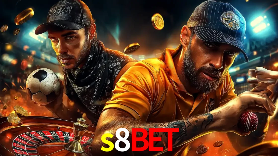 Montagem de apostas esportivas e cassino no s8bet, com um homem segurando uma bola de futebol e outro uma de beisebol sobre uma roleta e moedas voadoras.