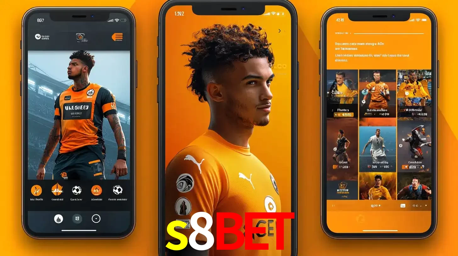 Interface do aplicativo de apostas esportivas s8bet em três telas de celular, mostrando o perfil de um jogador de futebol e a lista de jogos disponíveis para apostar.