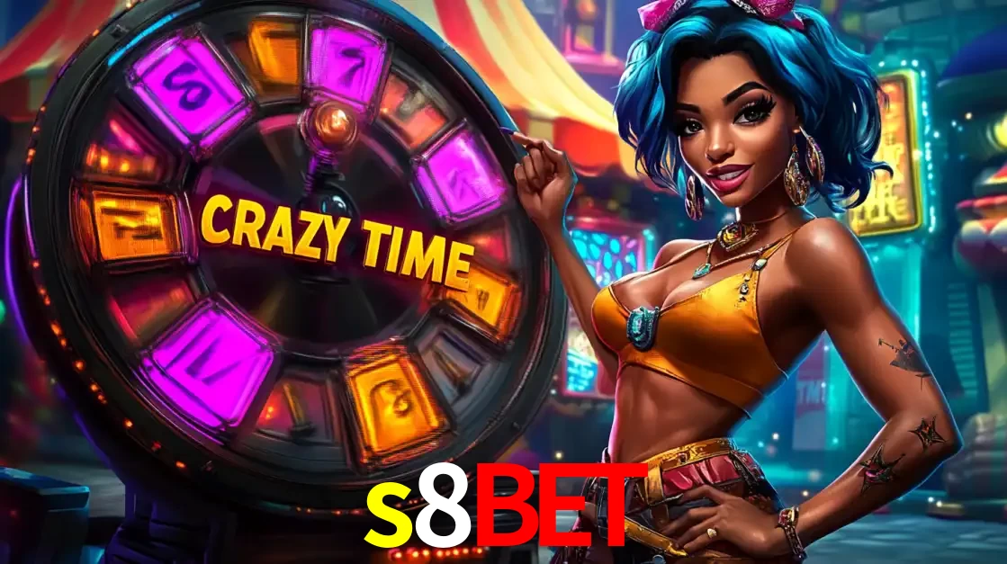 Mulher estilizada com cabelo azul e visual vibrante posando ao lado da roda de prêmios do game show Crazy Time, convidando para a diversão e os bônus do cassino s8bet.