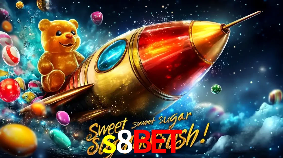 Arte promocional do jogo de slot Sugar Rush, com um urso de pelúcia em um foguete viajando pelo espaço de doces, um dos jogos divertidos disponíveis no cassino s8bet.