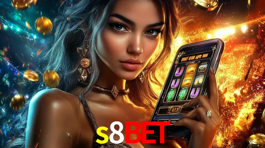 Mulher elegante mostrando um jogo de caça-níqueis em seu smartphone, destacando a experiência de cassino móvel oferecida pelo aplicativo s8bet.