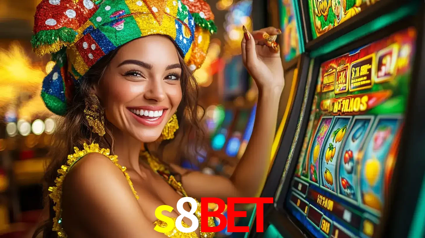 Mulher feliz com traje de carnaval amarelo e colorido ao lado de uma máquina de caça-níqueis, aproveitando a diversão e os jogos temáticos do cassino s8bet.