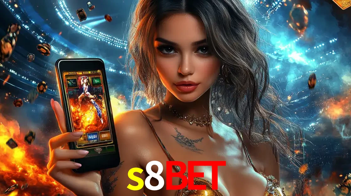 Mulher segurando um celular com um jogo de slot em destaque, tendo como fundo um estádio vibrante, simbolizando a emoção de jogar no cassino móvel s8bet.
