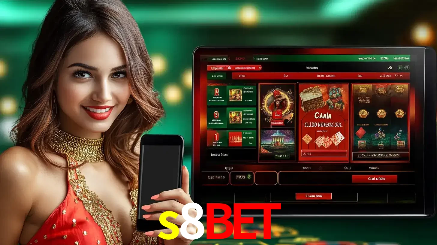 Mulher sorridente segurando um smartphone, ao lado de uma tela exibindo o lobby de jogos do cassino online s8bet, com várias opções de jogos de cartas e slots.
